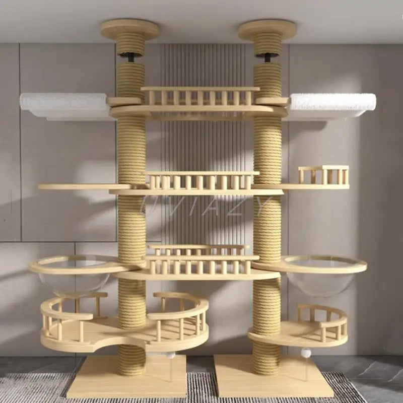 Floor-to-Ceiling Double Column Multi-layer Cat Tree Cat Climbing Tower with Natural Sisal Rope Scratching Post Tall ClimbingTree