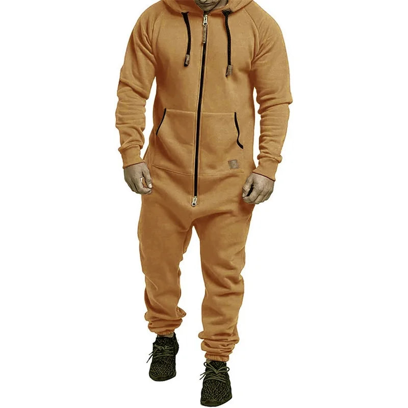 Men s Winter Hooded Jumpsuits with Pockets Warm Long Sleeve Full Zipper Up Overalls Sweatsuits with Drawstring