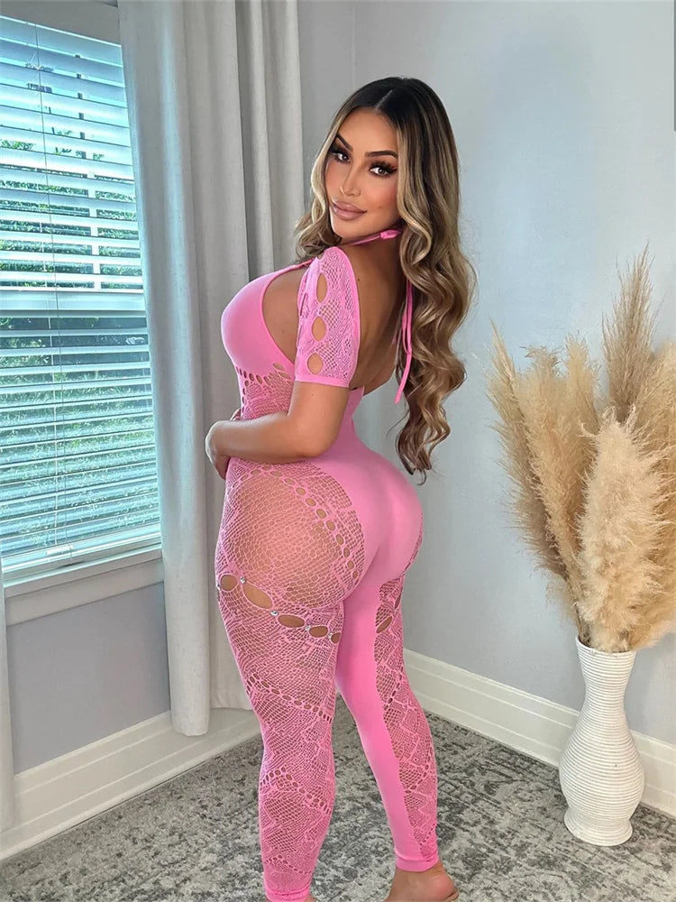 Sexy Outfits Patchwork Pink Jumpsuits Women Hollow Out Rompers Jumpsuits Short Sleeve Backless One-piece Skinny Overalls 2024