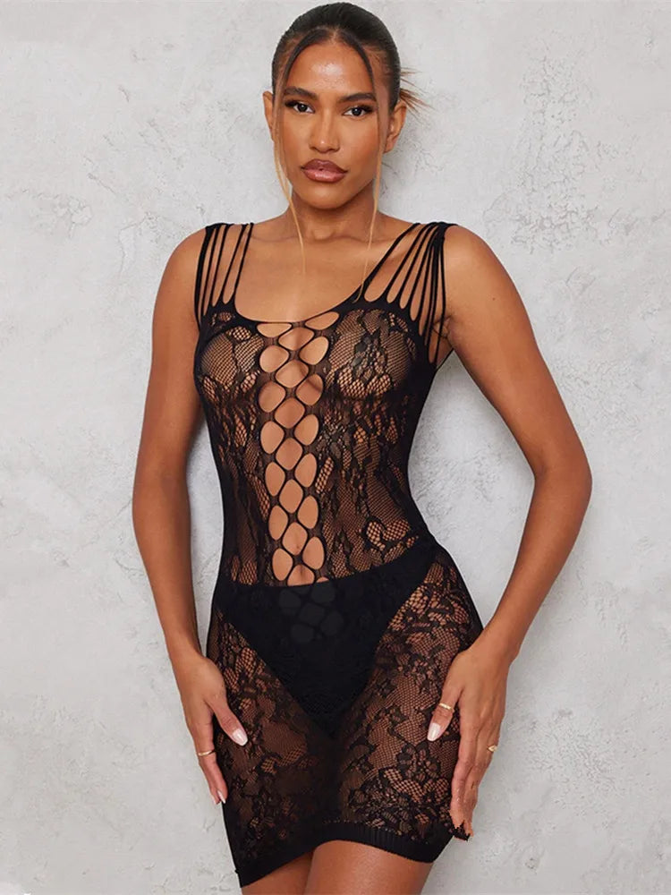 Women's Night Club Erotic Costumes Perspective Fishnet Short Net Skirt Ladies Sexy Mesh Hollow See Through Bodycon Short Dress