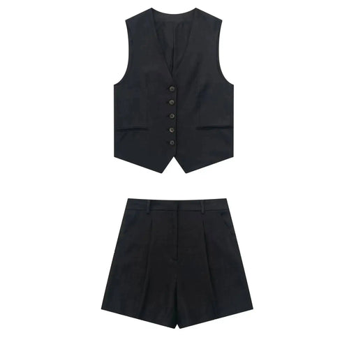 TRAF Women Elegant Solid Waistcoat Shorts Set 2024 Sleeveless Vest