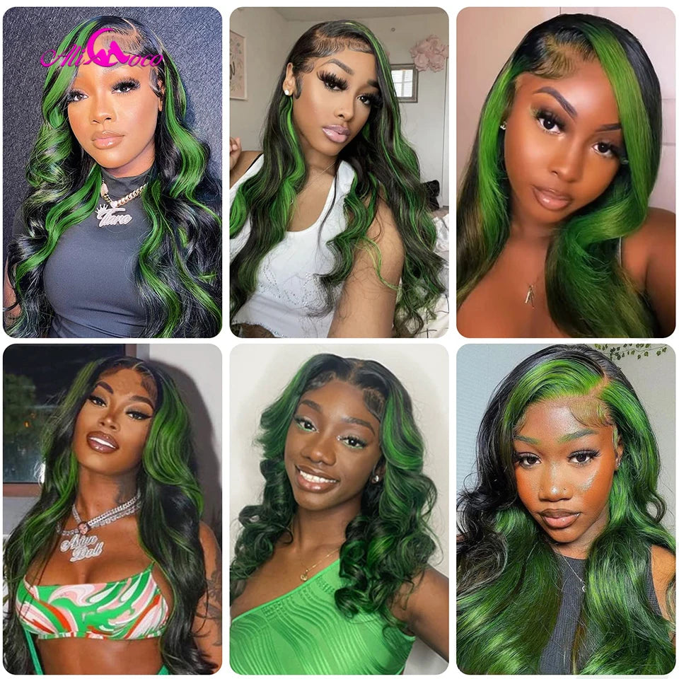 Highlight Green Lace Front Human Hair Wig Green Body Wave Lace Front Wig For Women Black and Green Highlight Wig 150% Density