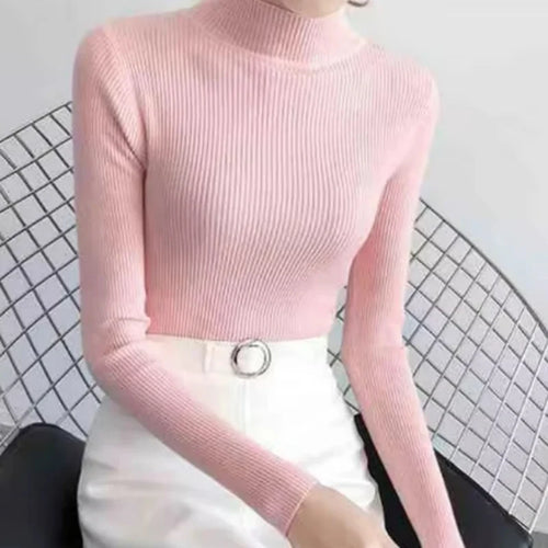 Autumn Winter Mock Neck Women Sweater Vintage Basic Solid Knitted Tops