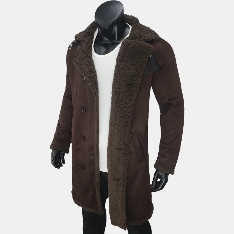 Winter Men's Long Trench Fleece Coat Suede Faux Fur Coats Men Double