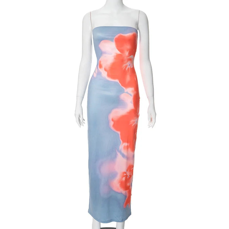 Sexy Strapless Print Tube Maxi Dress Women Off Shoulder Backless