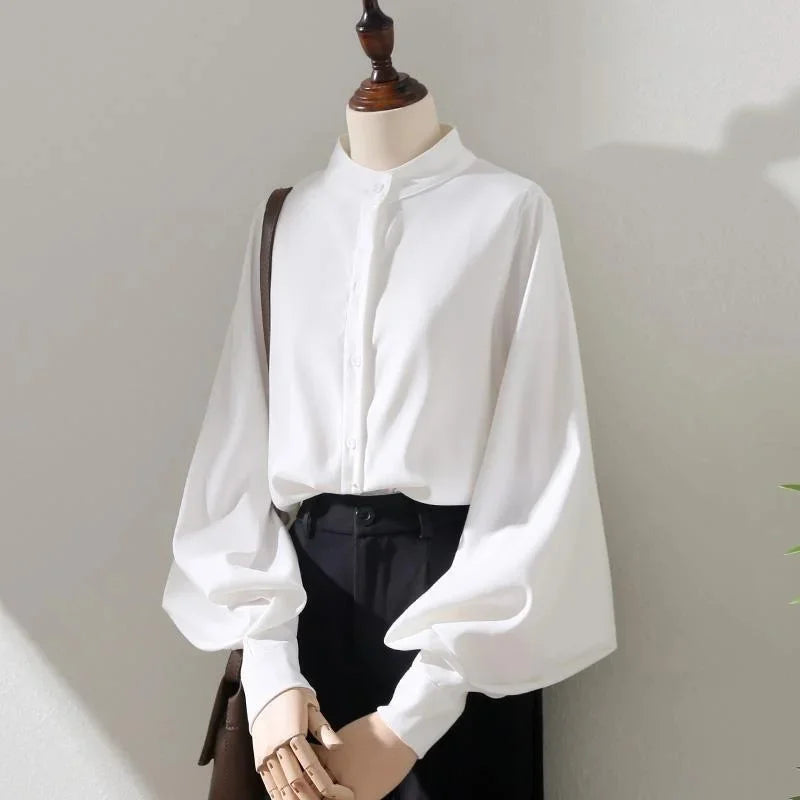 Woman Spring Autumn Style Blouses Shirt Lady Long Lantern Sleeve Stand