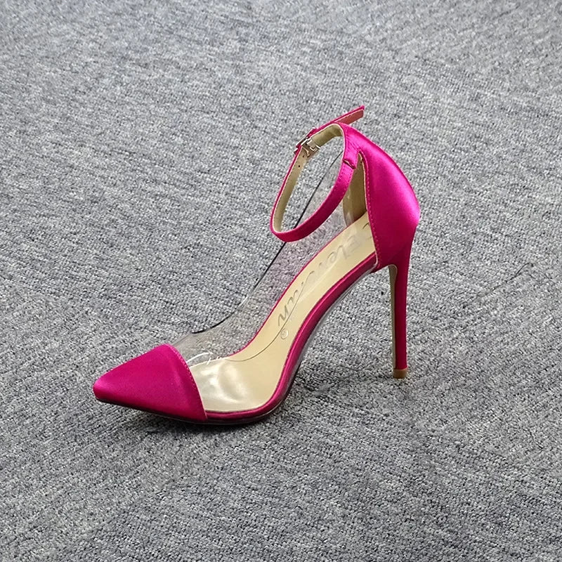 New Women's High Heel pumps Pointed Transparent Belt Buckle Ladies Single Shoes Dress Shoes Rose Red Pink Black Color 35 - 43