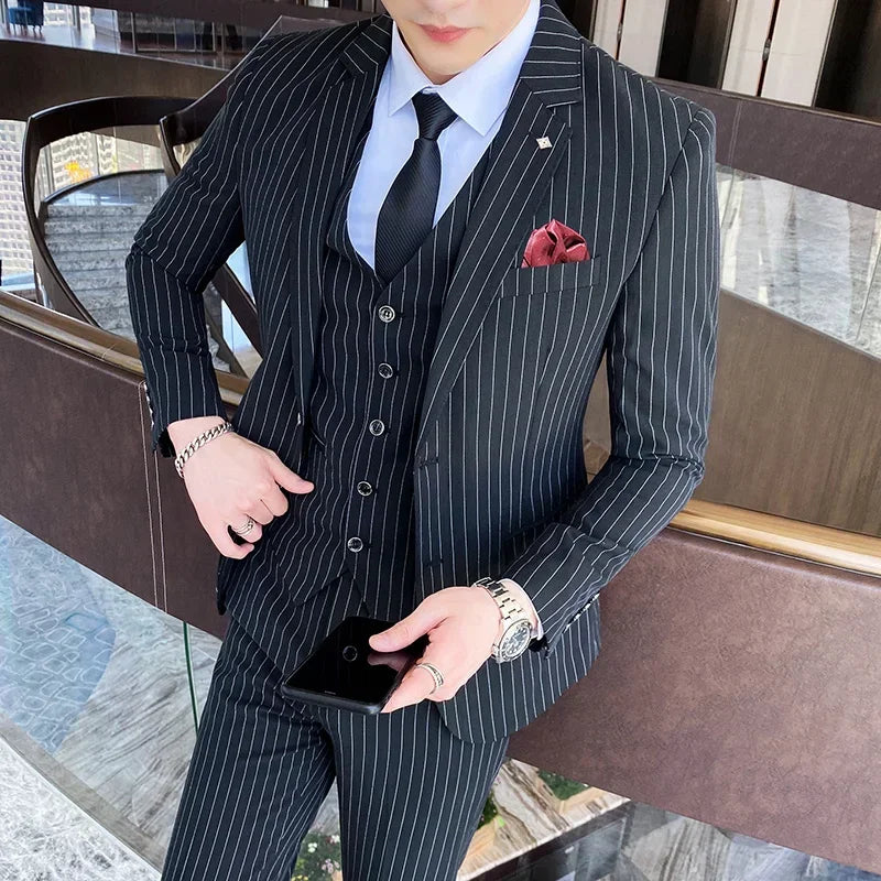 (Jackets+Vest+Pants) 2022 Men's Three-piece Suit/Male Slim Fit Cotton High Quality Business Blazers/Man Stripe Groom Dress S-5XL