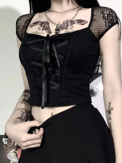 Sexy Tops Goth T Shirt Women Bodycon Bandage Lace Black T Shirts