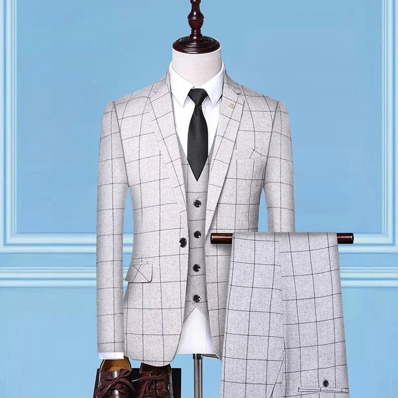 ( Suit+Vest+Pants) 2023 Spring Men's Tailcoat Plaid Suit/Men's Slim Fit Plaid Three Piece Work Suit Business Suit Men's S-4XL