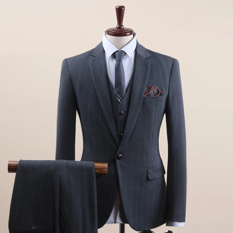 S-7XL Stripe Business Casual 3Pcs Mens Luxury Wedding Gentleman Formal Slim Fitting Suit Male Classic Simple Light Grey Blazers