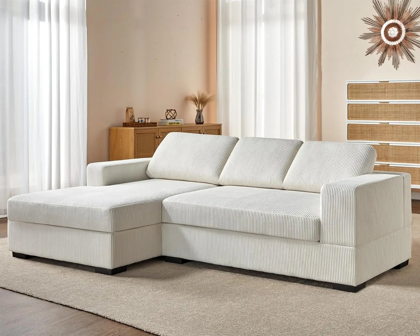 96 Sectional Sofa, Modern Couch with Chaise, Comfy Sofa Couch with Left Chaise, White Corduroy Sofa