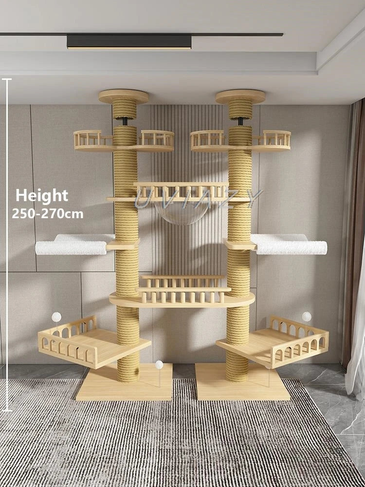 Floor-to-Ceiling Double Column Multi-layer Cat Tree Cat Climbing Tower with Natural Sisal Rope Scratching Post Tall ClimbingTree