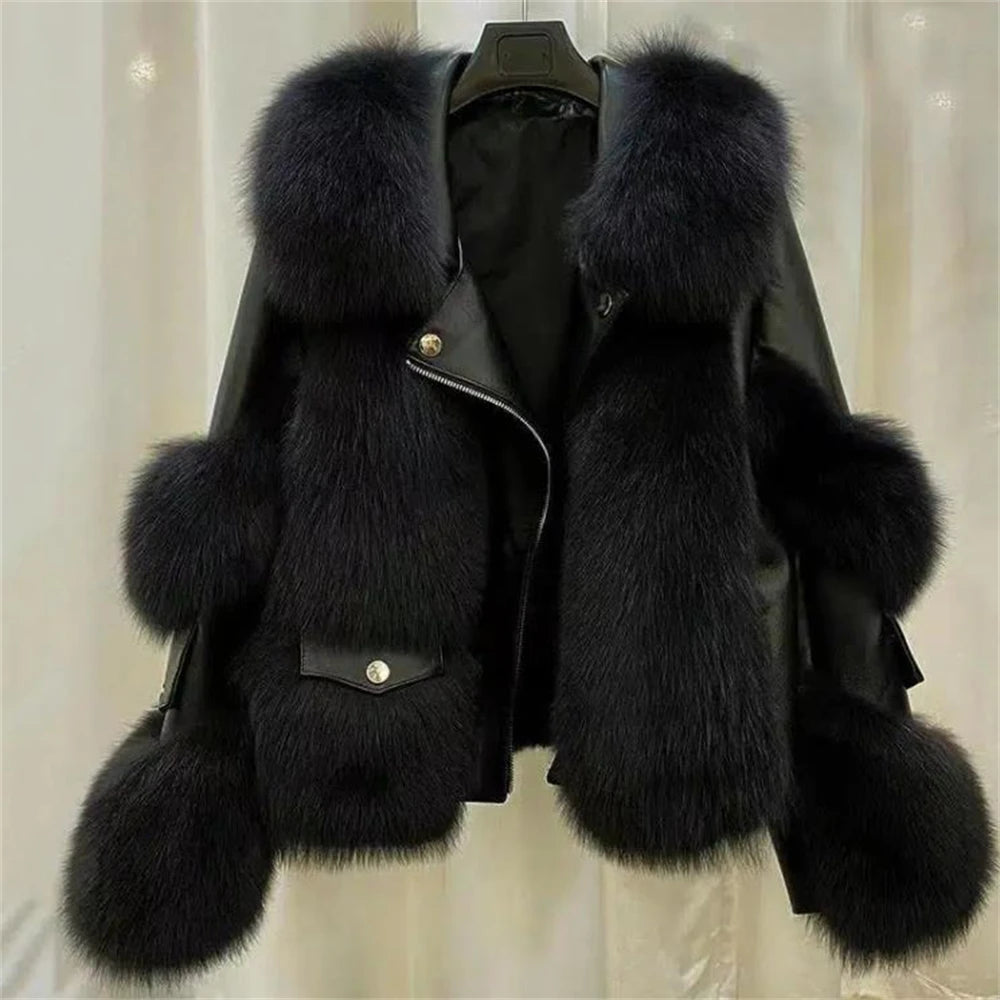 Women  2024 Winter New Outerwear Tops Warm Short Imitation Fox Fur Coat Imitation Leather Full Fox Fur Motorcycle Jacket Luxury