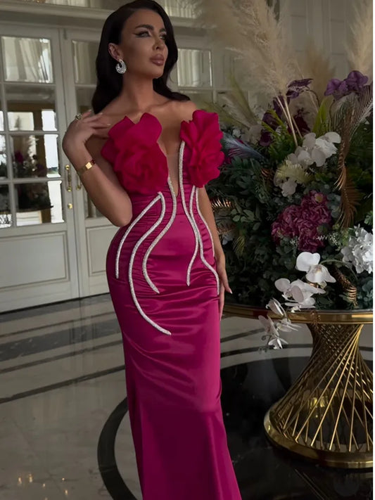 Women Celebrity Sexy Strapless Backless Beading Diamonds Pink Maxi Long Bandage Dress 2024 Elegant Evening Club Party Dress