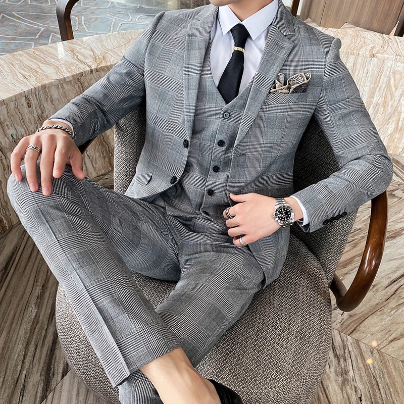 (Jacket+Vest+Pants) Men's Groom Wedding Dress Plaid Formal Suits Set Men Fashion Casual Business Suit Three-piece Blazers S-4XL