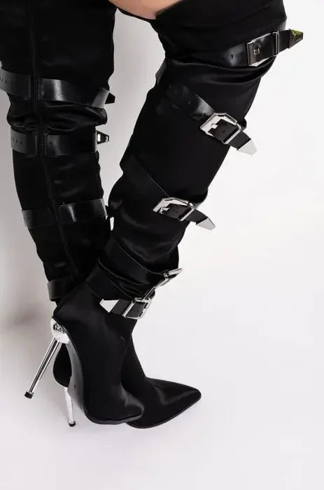 Over The Knee Stiletto Fashion Women Shoes Black Pointed Toe Belt Buckle Boots