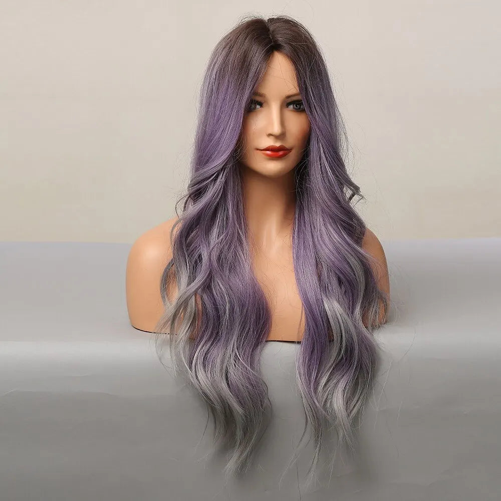 Purple Long Wavy Synthetic Wigs with Grey Ombre Natural Hair Wigs Middle Part for Women Cosplay Wigs Heat Resistant Fiber