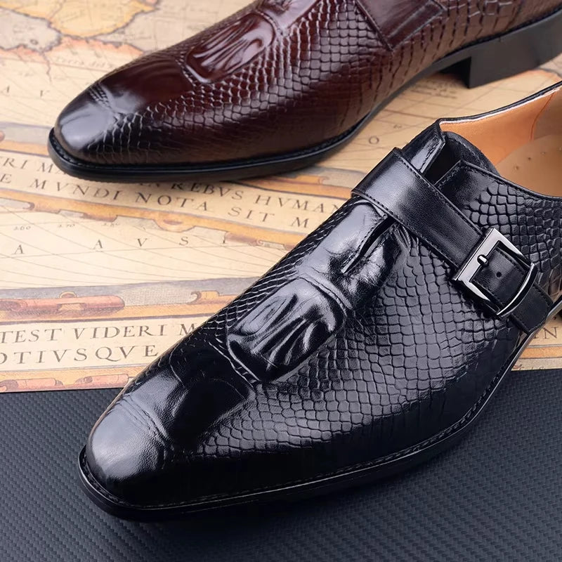 High quality Printing Loafers For Men Monk Strap Men's Shoes Rubber Sole Wedding Dress Oxfords Crocodile Pattern Leather Zapatos