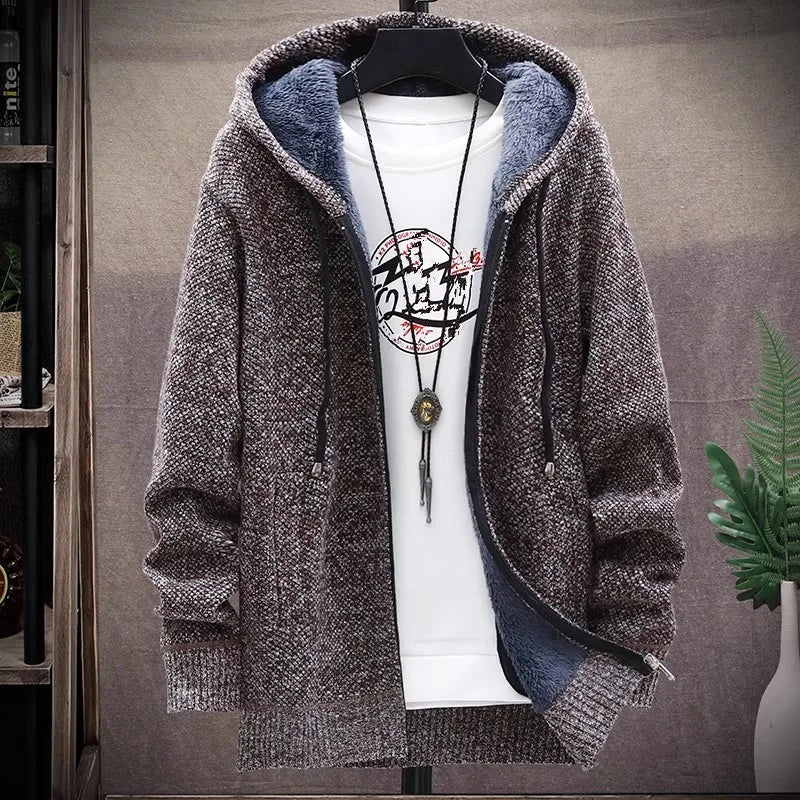 Men‘s Hooded Cardigan Knitted Sweater Winter Thick Fleece Warm Casual