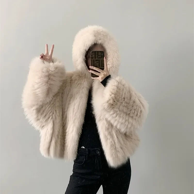 Hooded Winter Faux Fox Fur Coats Korean Fashion Furry Jacket Warm Thick Luxury Plush Slim Fit Type Casual Girl New Chaquetas