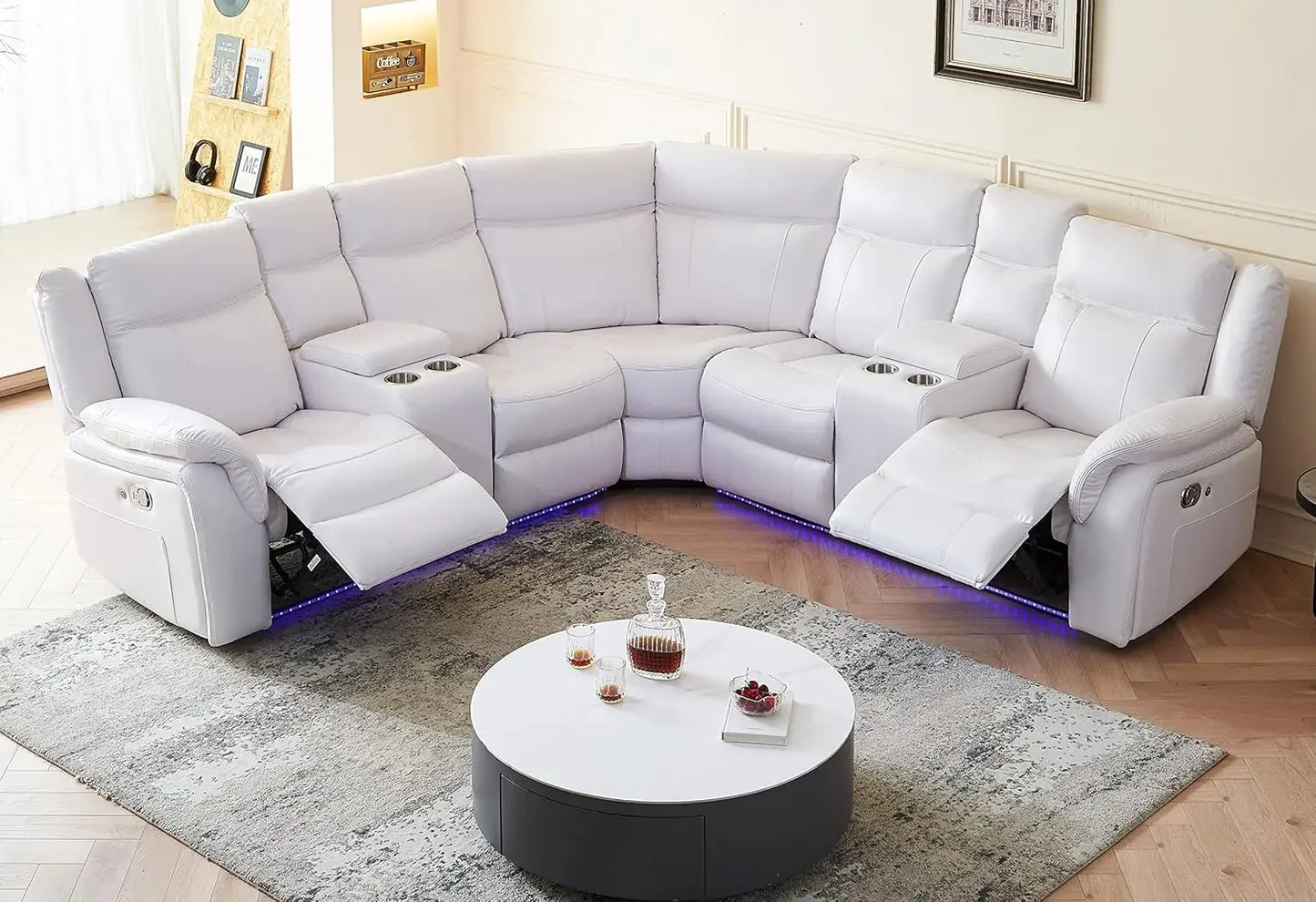 recliner，Power Reclining Sectional Sofa with LED Light Recliner Faux Leather L-Shaped Electric Reclining Sectional Couch