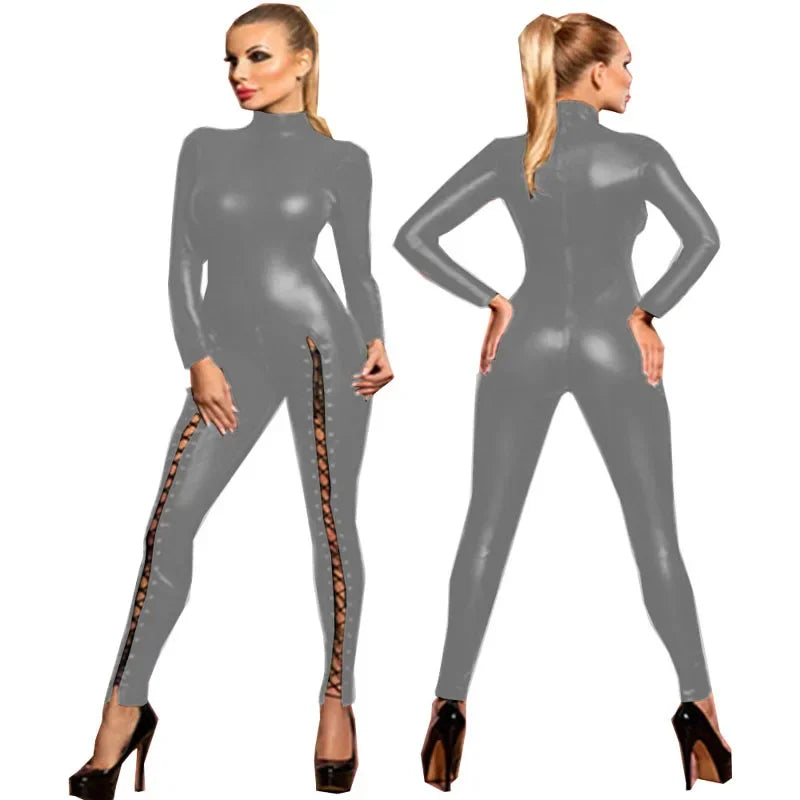 2024 Sexy Hot Women Faux Leather Catsuit Shiny PU Bodysuit Clubwear Bodycon lace-up long jumpsuit Party Club Rompers jumpsuit