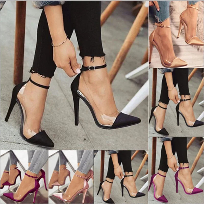 New Women's High Heel pumps Pointed Transparent Belt Buckle Ladies Single Shoes Dress Shoes Rose Red Pink Black Color 35 - 43