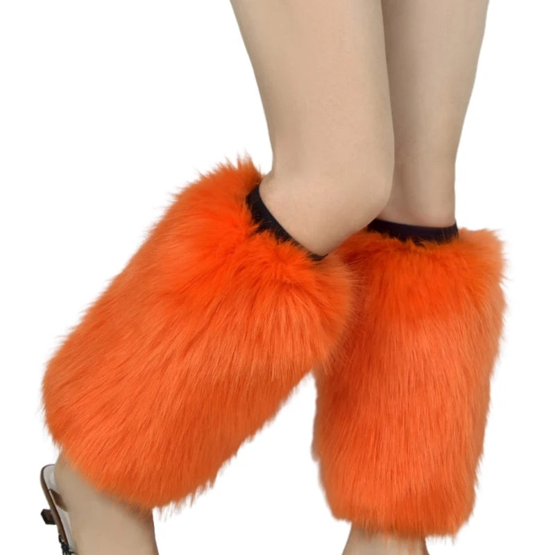 Women Vintage Vibrant Furry Leg Warmers Winter Warm Fuzzy Faux Fur Cuffs Sleeves Calf Length Socks Streetwear