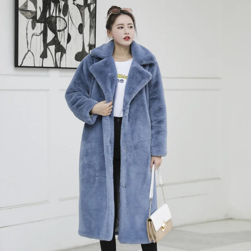 VOLALO 2024 New Winter Black Long Faux Fur Coat Long Sleeve Black  S-XXL Fake Mink Fur Coats Overcoat Women Long Jacket