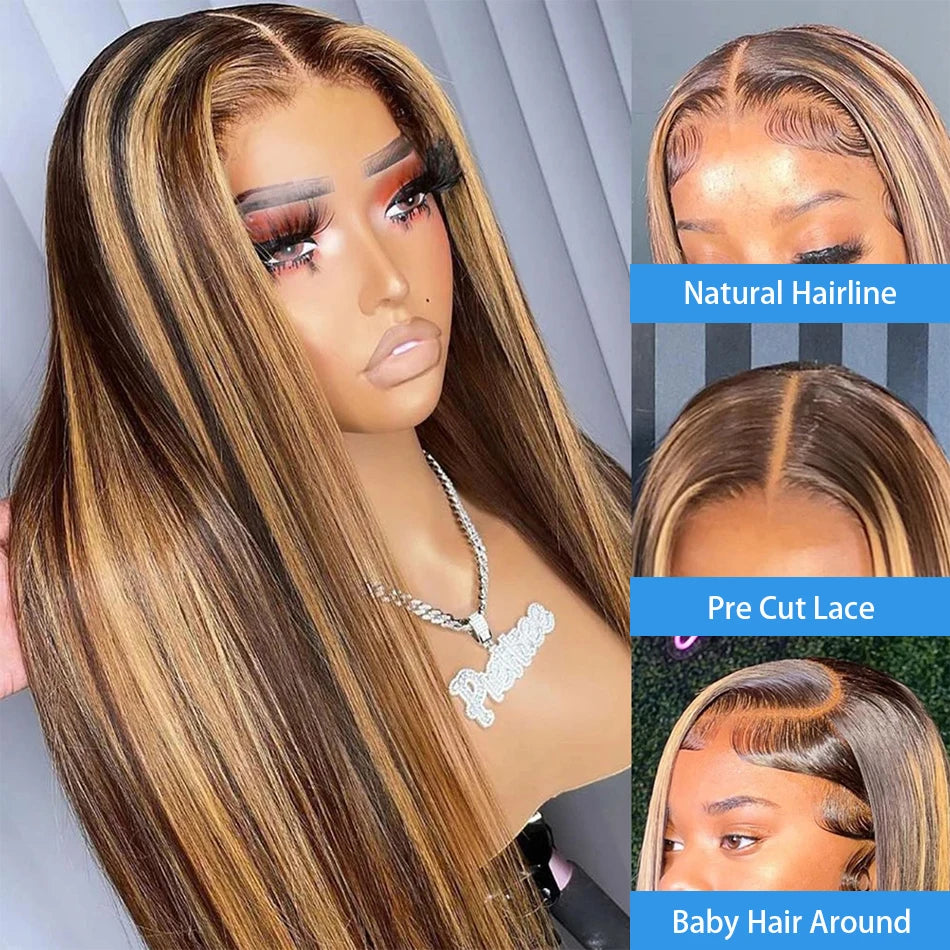 4/27 Highlight Ombre Lace Frontal Wig 30 Inch Straight Human Hair Wigs Colored Brazilian Bone Straight Hair Wigs For Black Women