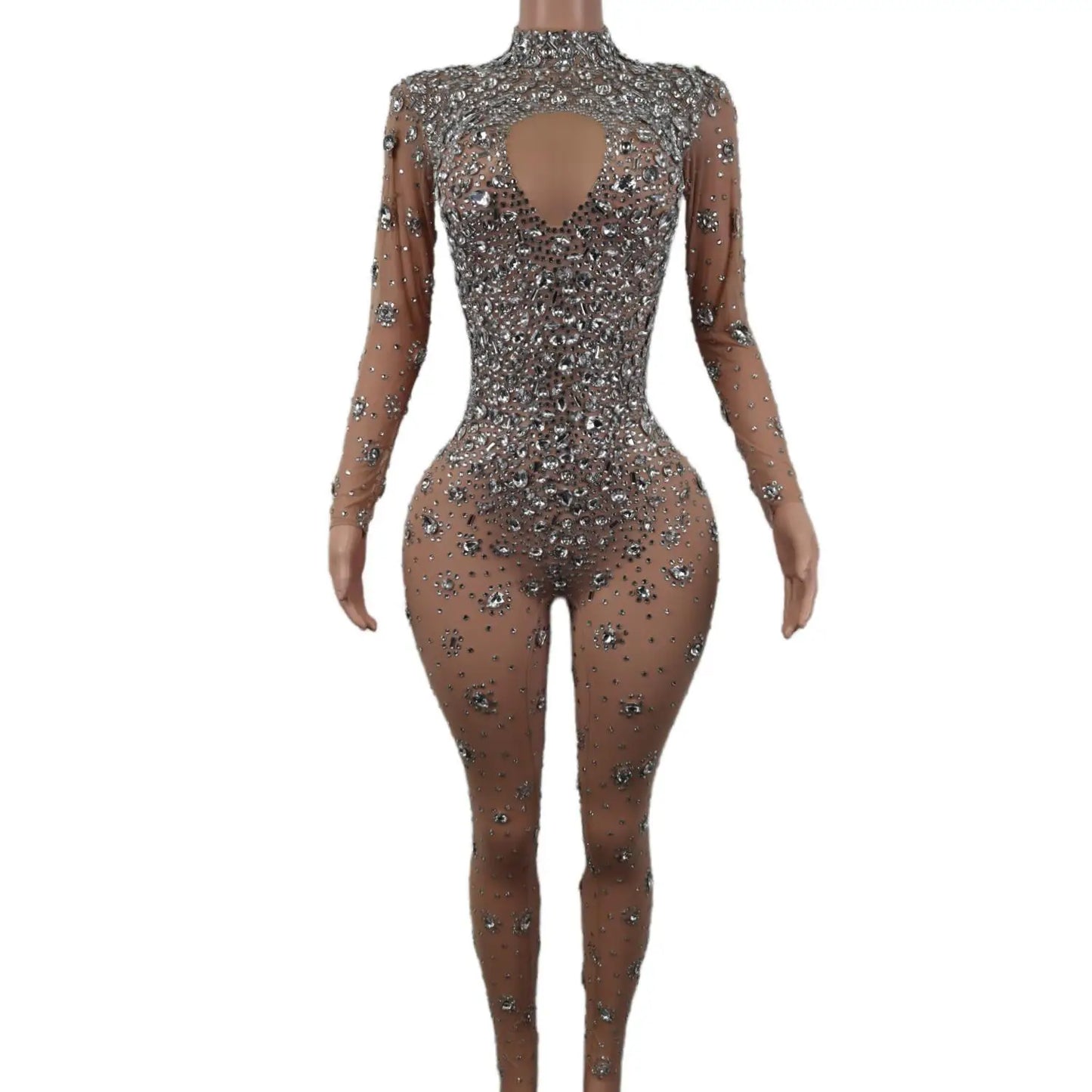 Sexy High-end Gorgeous Perspective Rhinestone Jumpsuit Long-sleeved Tights Nightclub Singer DJ Stage Performance Clothes Cuican