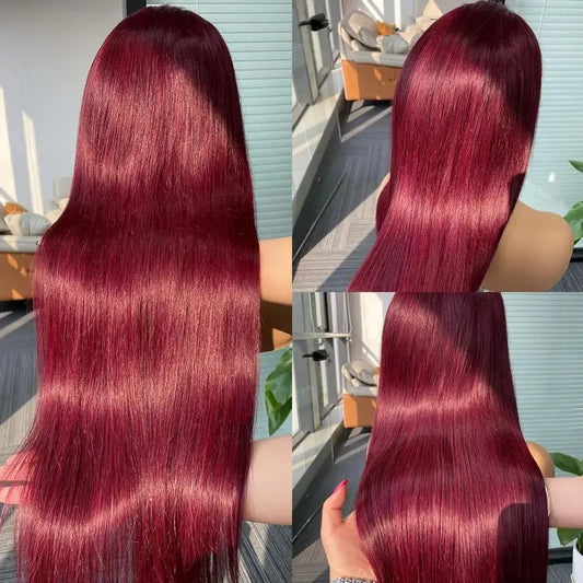 99j Burgundy Red Colored Bone Straight 13x4 Lace Front Human Hair HD Transparent Lace Frontal Wig Brazilian Hair For Black Women