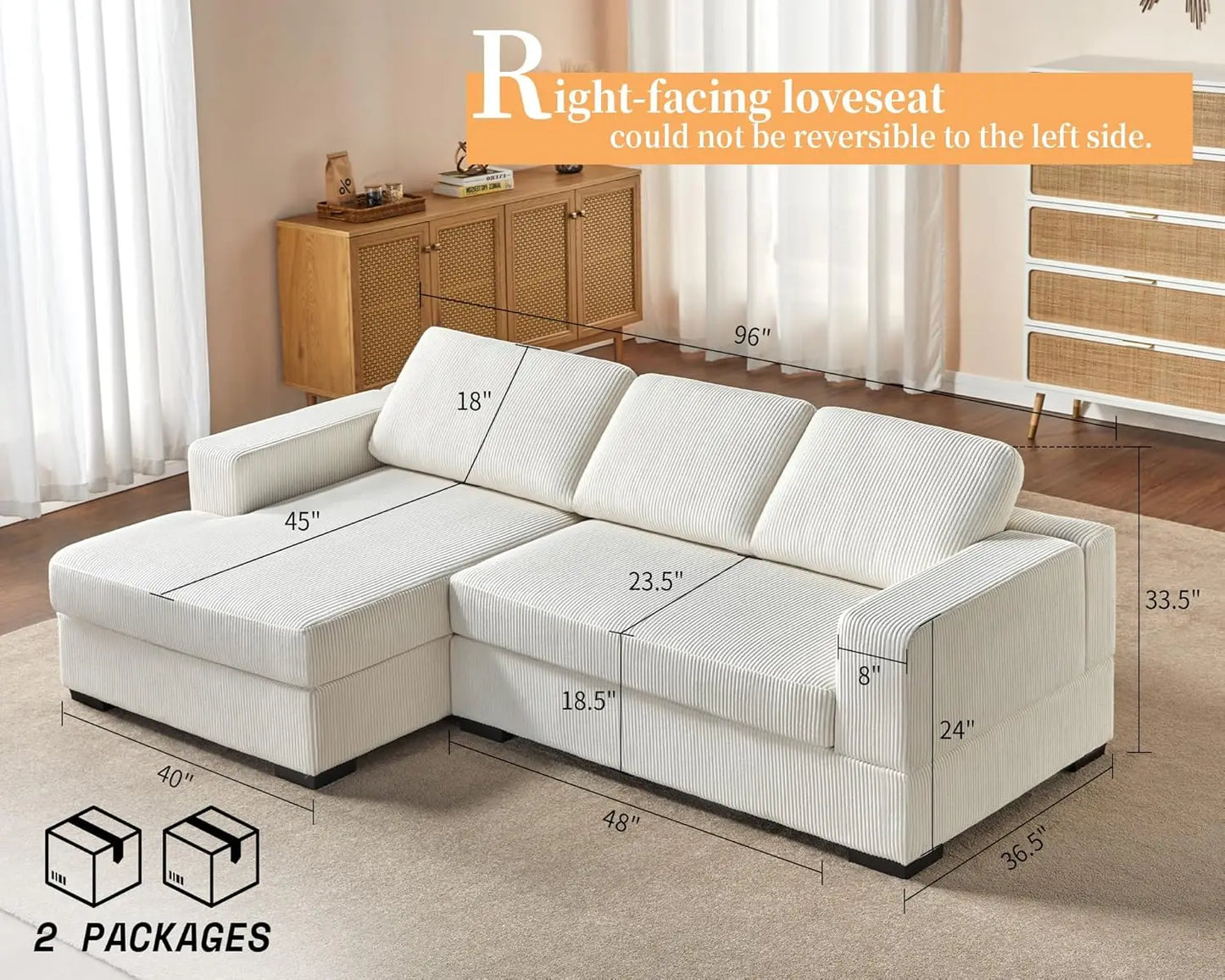 96 Sectional Sofa, Modern Couch with Chaise, Comfy Sofa Couch with Left Chaise, White Corduroy Sofa