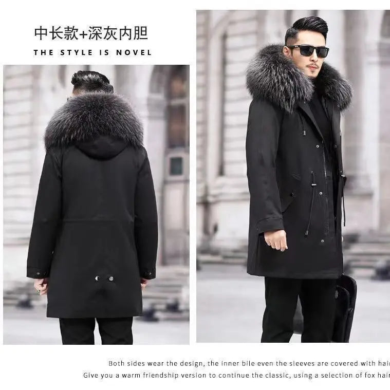 Fur Lined Parkas Men Faux Fur Coat Big Size Hooded Warm Long Fox Fur Coat Snowsuit High Quality Men Clothing Zipper Long Sleeve