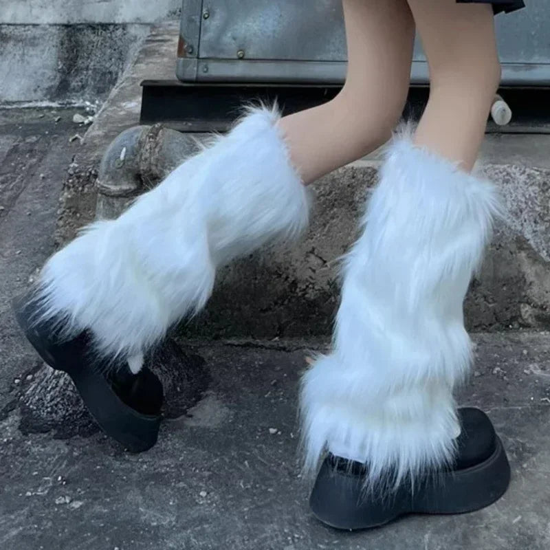 Japanese White Faux Fur Leg Warmers Boot Covers Y2K Goth Solid Leg Socks Punk Jk Knee-length Hiphop Hotgirl Fashion Warm Sock