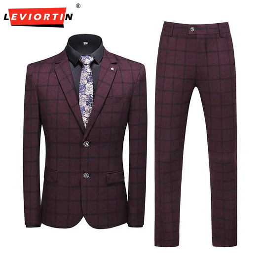 (Suit+Vest+Pant) Spring Korean Slim Check British Business Suit Men Three Piece Wedding Bridegroom Best Man Formal Dress S-5XL