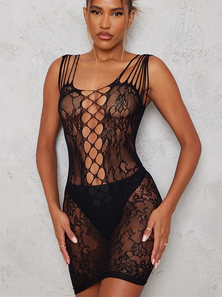 10 Styles Fishnet Underwear Exotic Night Club Clothes Female Sexy Costume See Through Hollow Tight Lingerie Erotic Bodycon Dress