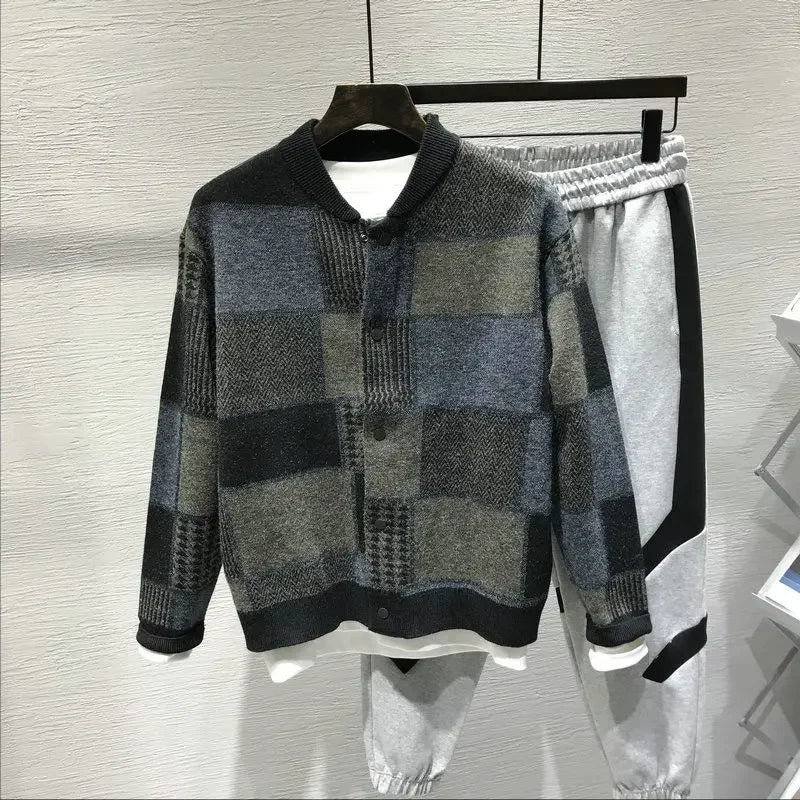 Man Clothes Collared Plaid Coat Knitted Sweaters for Men Jacket