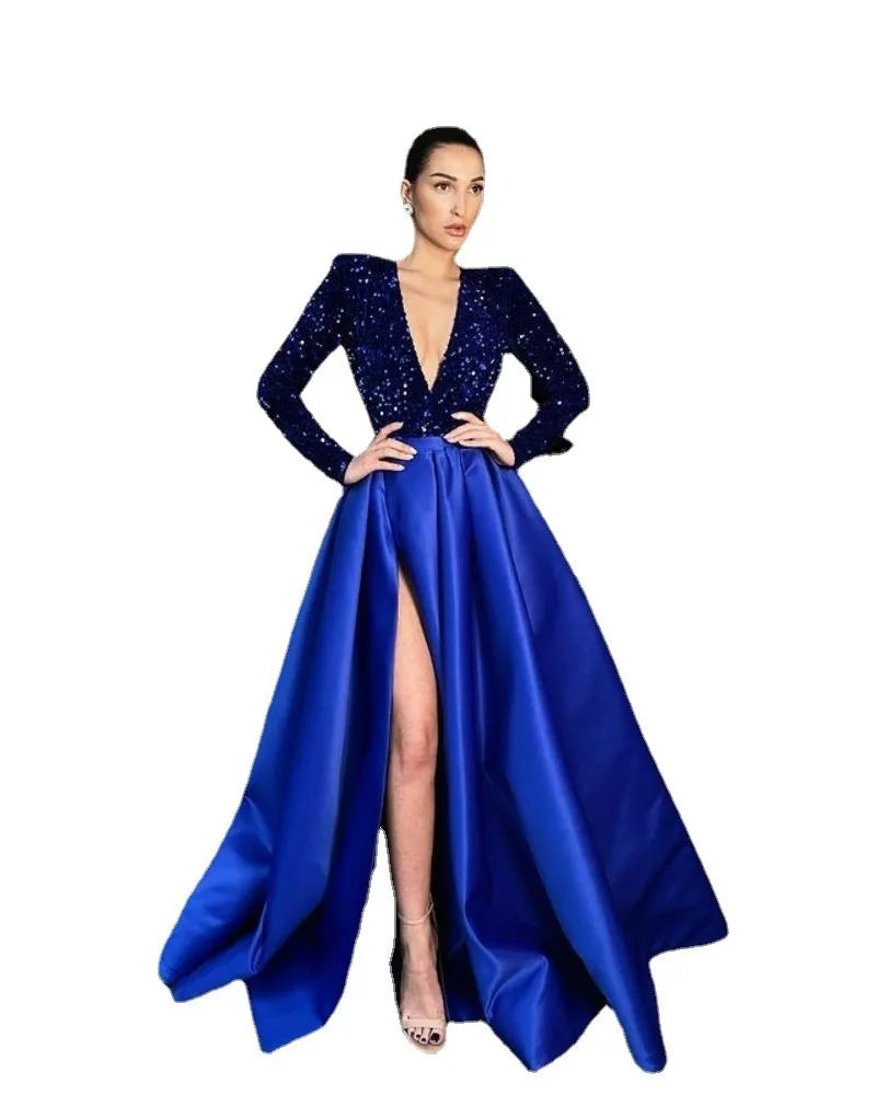 2024 Spring Summer New Women's Sexy One-Shoulder Long Sleeve Sequin V-neck Swing Sequined Split Dress Evening Dress