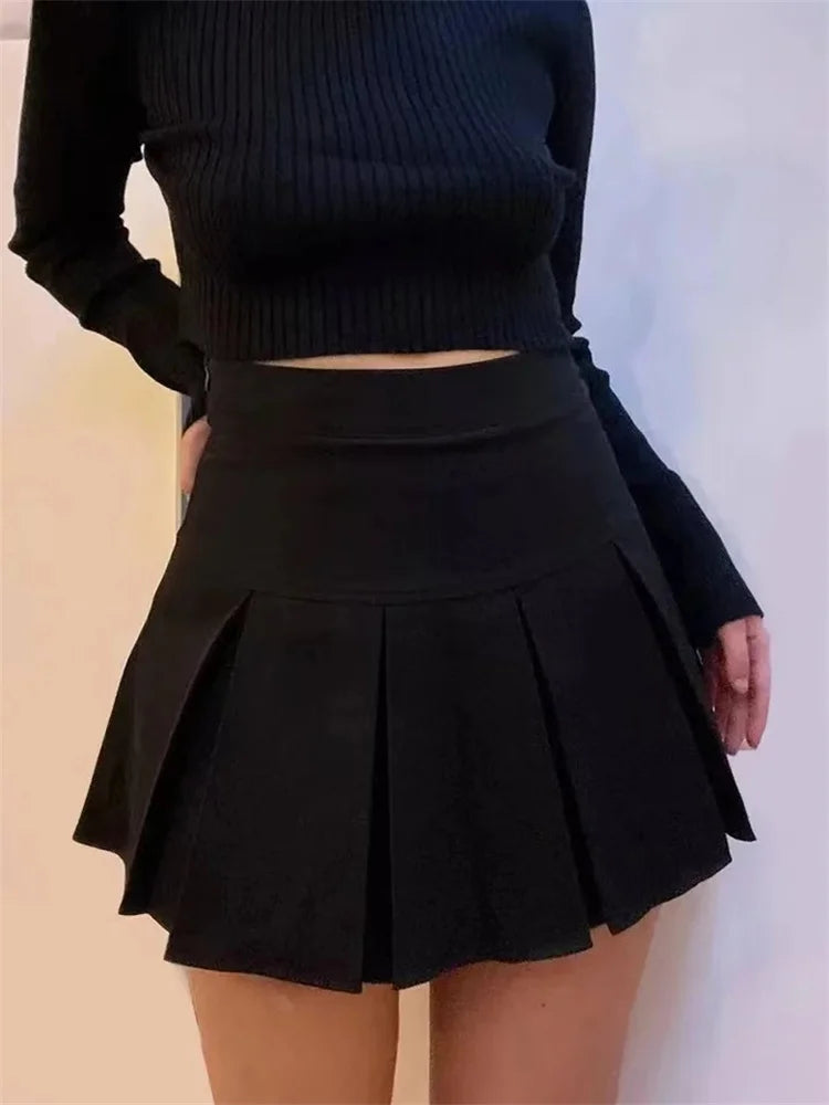 Vintage Gray Pleated Skirt Women Kawaii High Waist Mini Skirts Korean