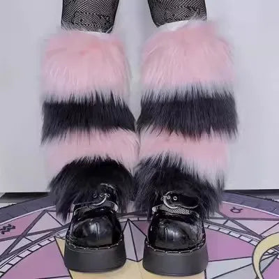 Gothic Women's Y2k Harajuku Punk Lolita Girls Subcultural Striped Contrasting Fur Insulation Faux Furry Socks Legs Warms covers