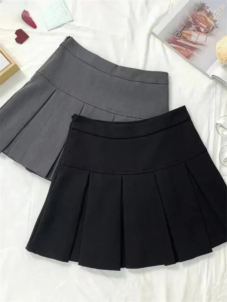 Vintage Gray Pleated Skirt Women Kawaii High Waist Mini Skirts Korean