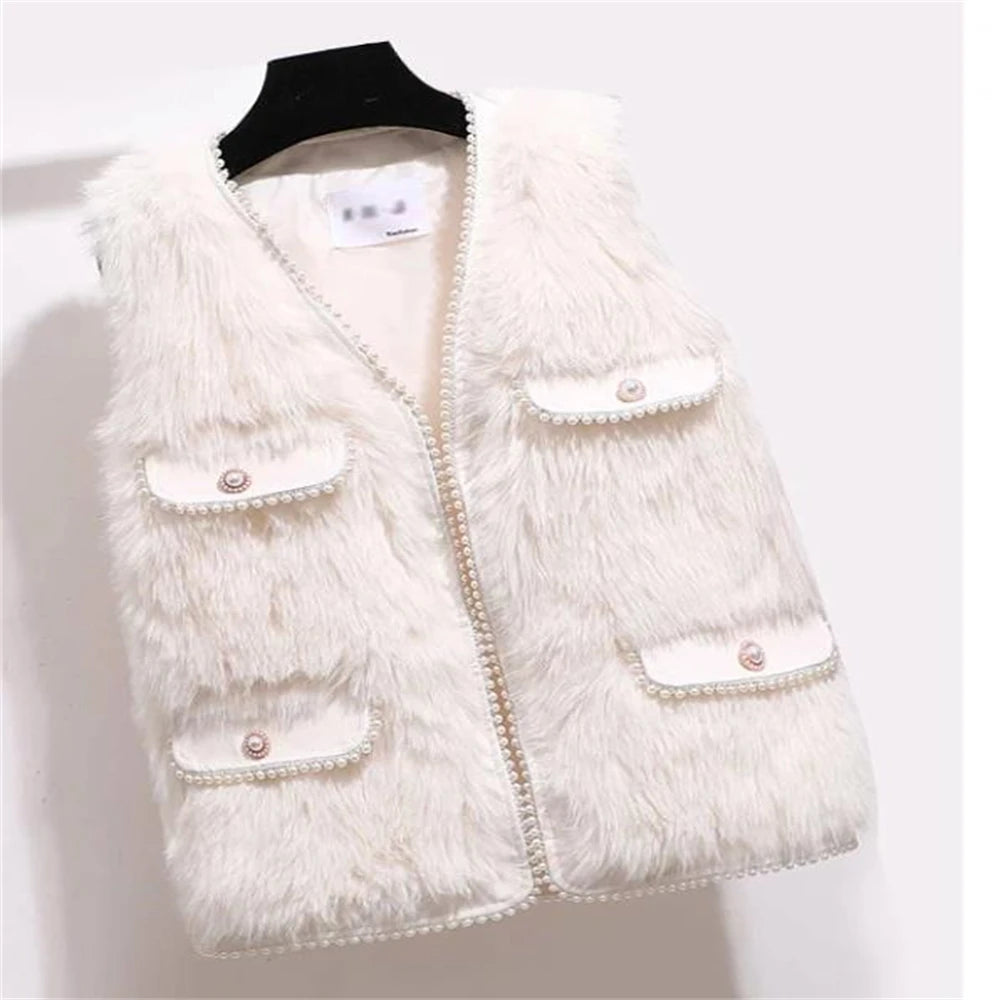 Women Imitation Fur Vest  Autumn Winter Pocket Beading Sleeveless Fur Jacket Plus Cotton Coat Lady Warm Soft Outwear Waistcoat