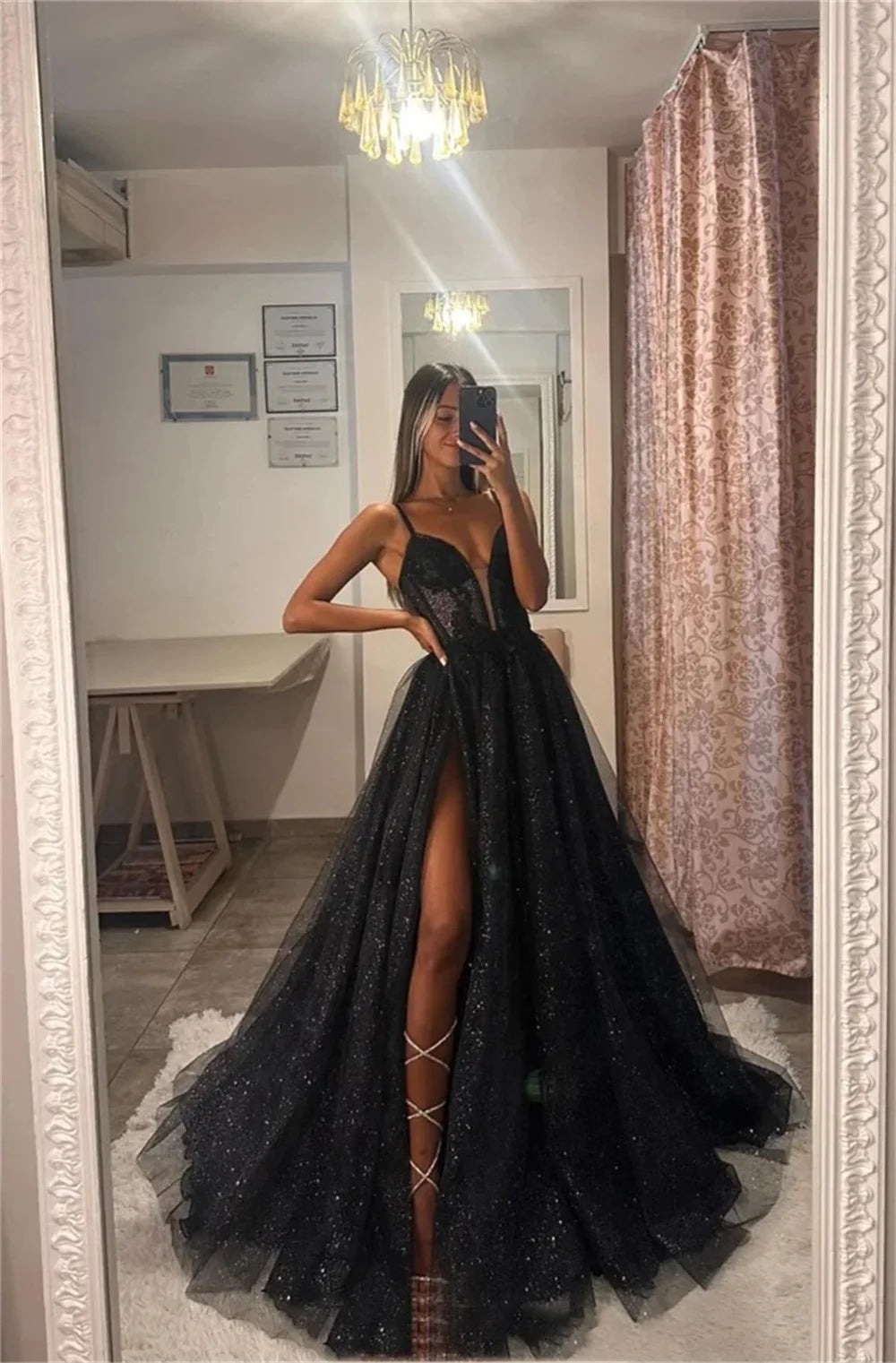 Jessica Black Glitter Red Carpet Dresses Sexy Spaghetti Straps And High Slit Evening Dresses Tulle Princess Party Dress Customized