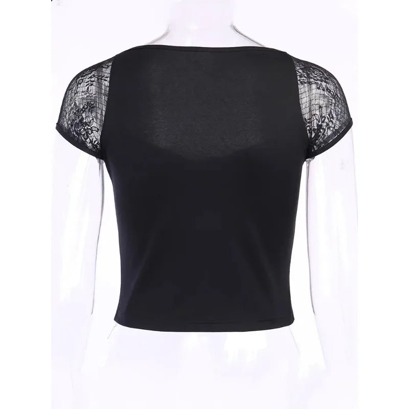 Sexy Tops Goth T Shirt Women Bodycon Bandage Lace Black T Shirts