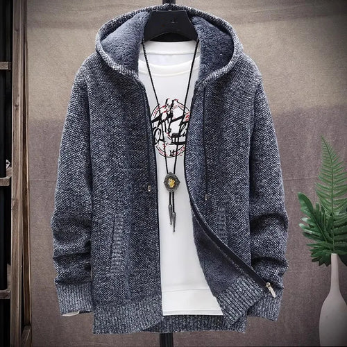 Men‘s Hooded Cardigan Knitted Sweater Winter Thick Fleece Warm Casual