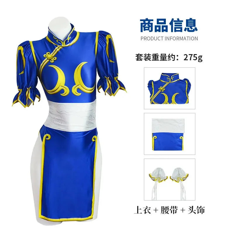 Game Chun Li Cosplay Costume Street Fighter Blue Pink Cheongsam Dress Women Halloween Sexy Outfit Set Wristband Sutorito Faita