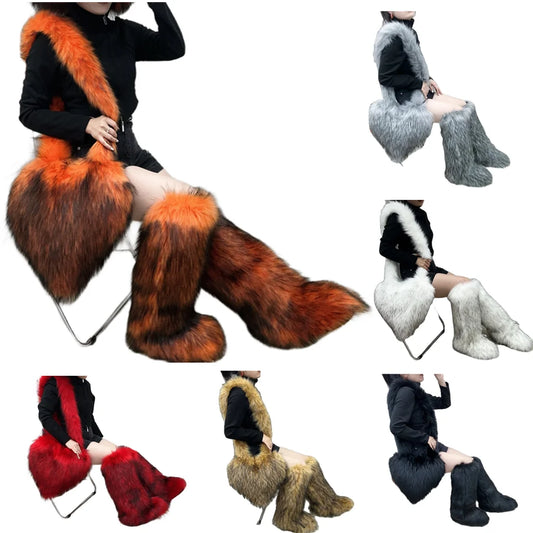 Winter Women Faux Fur Boots And Bag Set Furry Warm Snow Boots Cute Heart-shaped Fur Handbag Love Bag Girls Platform Plush Boots