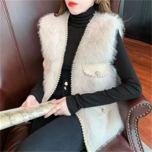 Women Imitation Fur Vest  Autumn Winter Pocket Beading Sleeveless Fur Jacket Plus Cotton Coat Lady Warm Soft Outwear Waistcoat